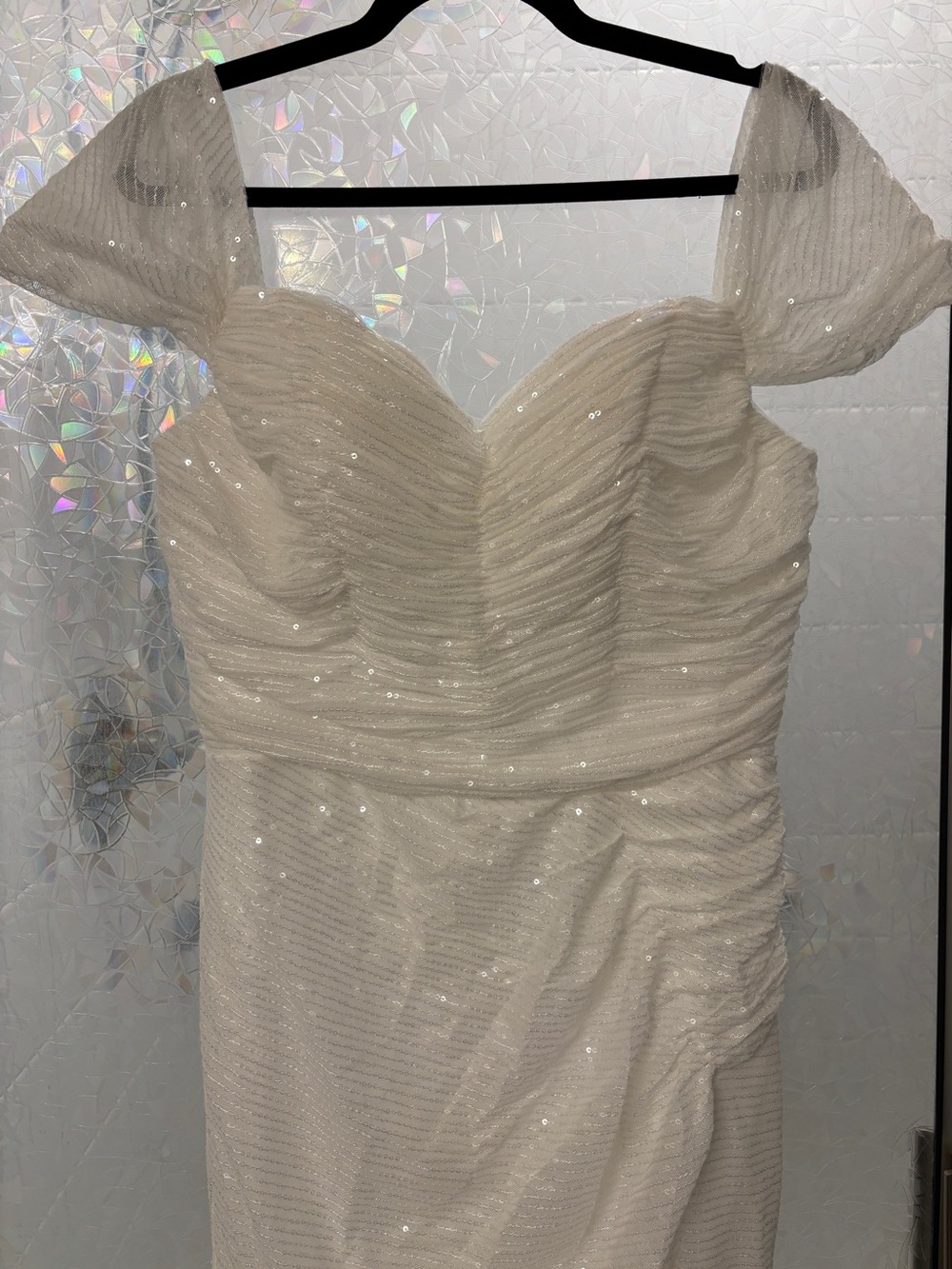 White Sequin Ruched Off-Shoulder Dress